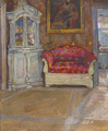 KatNr 054   Ferdinand Dorsch "Das rote Sofa" (im Ledertapetensaal von Schloss Weesenstein). Frühe 1910er Jahre.