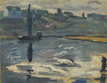 KatNr 169   Kurt Bunge, Häuser an der Saale in Halle (?). Wohl 1940er/1950er Jahre.