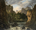 KatNr 035   Wohl sächsischer oder thüringischer Maler, Heroische Landschaft mit Burgruine und felsigem Flusstal in der Art des Jacob Isaakszon van Ruisdael. 1820er -1840er Jahre.