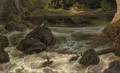 KatNr 35 Wohl sächsischer oder thüringischer Maler, Heroische Landschaft mit Burgruine und felsigem Flusstal in der Art des Jacob Isaakszon van Ruisdael. 1820er -1840er Jahre.