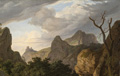 KatNr 35 Wohl sächsischer oder thüringischer Maler, Heroische Landschaft mit Burgruine und felsigem Flusstal in der Art des Jacob Isaakszon van Ruisdael. 1820er -1840er Jahre.