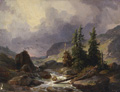 KatNr 027   Friedrich Johann Christian Ernst Preller d.Ä. "Gebirgige Flusslandschaft mit Tannen". Wohl um 1849.