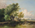 KatNr 028   Dominik Schuhfried, Flussandschaft mit heimkehrenden Bauern. 1872.