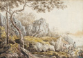 KatNr 275   Johann Christian Klengel, Bauer mit zwei Rindern in felsiger Landschaft. Um 1800.