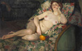 KatNr 065   Ernst Heilemann, Liegender weiblicher Akt mit Orange. Wohl 1. Viertel 20. Jh.