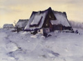 KatNr 453   Willy Becker, Georgenfeld – Häuser im Schnee. Wohl 1970er Jahre.