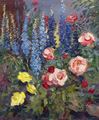 KatNr 232   Elsa Sturm-Lindner, Gartenbeet mit Rittersporn und Rosen. Wohl 1950er Jahre.