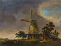 KatNr 036   Niederländische Schule (?), Abendlandschaft mit Windmühle. Wohl um 1900.