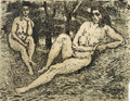KatNr 616   Wilhelm Rudolph "Sitzende Akte vor Obstbäumen" / "Nachdenklicher Mann". Wohl 1950er/1960er Jahre.