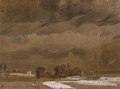 KatNr 274 Christian Friedrich Gille, Weite Flusslandschaft mit Ortschaft und Pappeln / Abendliche Wolkenstudie / Blick vom alten Gasthaus am Kleinen Bärenstein, Sächsische Schweiz. Um 1840 / um 1860 / um 1870.