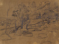 KatNr 274 Christian Friedrich Gille, Weite Flusslandschaft mit Ortschaft und Pappeln / Abendliche Wolkenstudie / Blick vom alten Gasthaus am Kleinen Bärenstein, Sächsische Schweiz. Um 1840 / um 1860 / um 1870.
