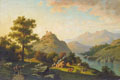 KatNr 033&nbsp;&nbsp; A. von Taiery (?), Abendliche Gebirgslandschaft mit Flusslauf und Bauern. 1862.