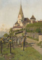 KatNr 057&nbsp;&nbsp; Adolf Fischer-Gurig, Abendstimmung an der Basilika Rankweil auf dem Liebfrauenberg (Vorarlberg). 1887.