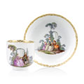 KatNr 620 Tasse mit Untertasse "Watteaumalerei". Meissen. Um 1750/1760.