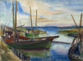 KatNr 344 Ernst Bursche, Windmühle, Ahrenshoop (?) / Fischerboote. 1955.