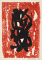 KatNr 459&nbsp;&nbsp; Helmut Schmidt-Kirstein, Schwarze Zeichen vor Rot / Grün-Rot im Verlauf / Weiße Linienstruktur auf Schwarz und Rot. 1964.