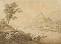 KatNr 184&nbsp;&nbsp; Adrian Zingg "Der Schreckenstein bei Aussig, vom gegenüberliegendem Elbufer gesehen". Um 1790.
