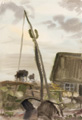 KatNr 243&nbsp;&nbsp; Georg Gelbke, Ziehbrunnen und Fischerhaus an der Kurischen Nehrung / "Hafffischer" (Kurische Nehrung) / "4 Boote im Haff". Um 1936/1937.