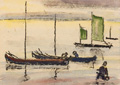 KatNr 243 Georg Gelbke, Ziehbrunnen und Fischerhaus an der Kurischen Nehrung / "Hafffischer" (Kurische Nehrung) / "4 Boote im Haff". Um 1936/1937.