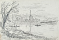 KatNr 296&nbsp;&nbsp; Wilhelm Rudolph, Elblandschaft (Blick auf Heidenau mit der Papierfabrik Krause und Baumann ?). Wohl 1930er-frühe 1940er Jahre.