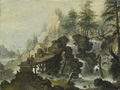 KatNr 007&nbsp;&nbsp; Simon Joseph von Bemmel (zugeschr. / Malerfamilie Bemmel), Gebirgslandschaft mit Wasserfall und hölzernem Steig. Um 1780/1790.