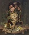 KatNr 015&nbsp;&nbsp; Hermann Wilhelm Cellarius, Stillleben mit figürlicher Vase, Gläsern und Muscheln. Nach 1840.