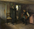 KatNr 068&nbsp;&nbsp; Valdemar Kornerup, Bauernstube mit Ziehharmonika-Spieler. 1920.
