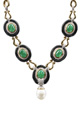 KatNr 752 Opulentes Lavallière Gold-Collier und Ohrclips mit Smaragd-Cabochons, Onyx und Brillanten.