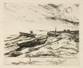 KatNr 647&nbsp;&nbsp; Erhard Hippold, Am Strand/ Netzboote/ Boddenlandschaft. 1958.