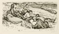 KatNr 647 Erhard Hippold, Am Strand/ Netzboote/ Boddenlandschaft. 1958.