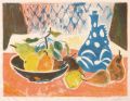 KatNr 501&nbsp;&nbsp; Erhard Hippold, Stillleben mit Obstschale und blauer Flasche. Wohl 1960's.