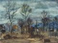 KatNr 806   Theodor Rosenhauer, Radebeuler Gärten im Vorfrühling (verso: Rückenansicht Kat mit gelbem Hut). Wohl 1948.
