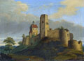 KatNr 045   Adrian Ludwig Richter (Umkreis, Schule), Die Burgruine Stolpen in der Sächsischen Schweiz von Westen, vorn der Siebenspitzenturm, links der Seigertum. Wohl um 1820– 1850.