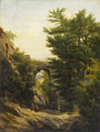 KatNr 011   Gottlieb Moritz Julius Fiebiger (zugeschr.), Prozession in einem Felsental mit der Ruine eines Wehrganges in der Sächsisch-Böhmischen Schweiz. Wohl 1850er/ 1860's.