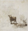 KatNr 364   Johann Christian Klengel, Zwei Kühe und Ziegen in einer Felsenlandschaft / Stehende Kuh. Um 1800.