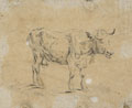 KatNr 364 Johann Christian Klengel, Zwei Kühe und Ziegen in einer Felsenlandschaft / Stehende Kuh. Um 1800.