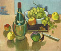 KatNr 251   Georg Ludwig Neugebauer, Stillleben mit Chiantiflasche und Früchten. Wohl 1930's.