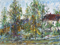 KatNr 096   Erich Dietz, Gehöft hinter Bäumen (Haselbach bei Altenburg?). Wohl 1960's.