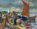 KatNr 341   Wally Gehlhaar-Schalt, Fischer beim Flicken der Netze. 1923.