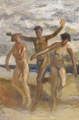 KatNr 210   Harald Metzkes "Zwei weibliche und ein männlicher Akt am Strand rennend". 1986/ 1988.
