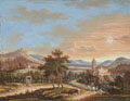 KatNr 216&nbsp;&nbsp; Karl Sebastian von Bemmel (zugeschr.), Hügelige Landschaft mit Kapelle und Reiter, Bettlern Almosen spendend. Wohl um 1780/ 1790.