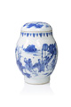 KatNr 692&nbsp;&nbsp; Blue and white jar and cover with figurative decoration. China. Probably Chongzhen period. Transitional period. 1620-1683.