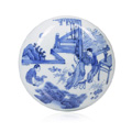 KatNr 692 Blue and white jar and cover with figurative decoration. China. Probably Chongzhen period. Transitional period. 1620-1683.