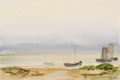 KatNr 243 Georg Gelbke, Ziehbrunnen und Fischerhaus an der Kurischen Nehrung / "Hafffischer" (Kurische Nehrung) / "4 Boote im Haff". Um 1936/1937.