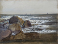 KatNr 010&nbsp;&nbsp; Carl Robert Kummer, Felsige Küste, in der Ferne Segelschiffe (Schottland?). Um 1851.