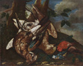 KatNr 008&nbsp;&nbsp; Philipp Ferdinand de Hamilton (zugeschr. oder in der Art von), Jagdstillleben mit Schnepfe, Eichelhäher, Blaumeise und Dompfaff. Early 18th cent.