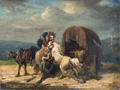 KatNr 028&nbsp;&nbsp; Henri Auguste de Montpezat, Scheuende Pferde am Planwagen. Wohl 1840's.